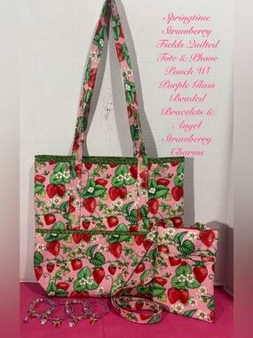 SPRINGTIME STRAWBERRIES QUILTED TOTE & PHONE POUCH W/PURPLE BRACELETS & CHARMS